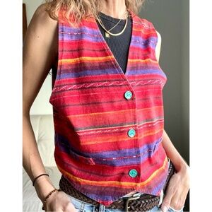 Vintage Upcycled Red Striped Vest Back Corset Boho Women’s L/XL